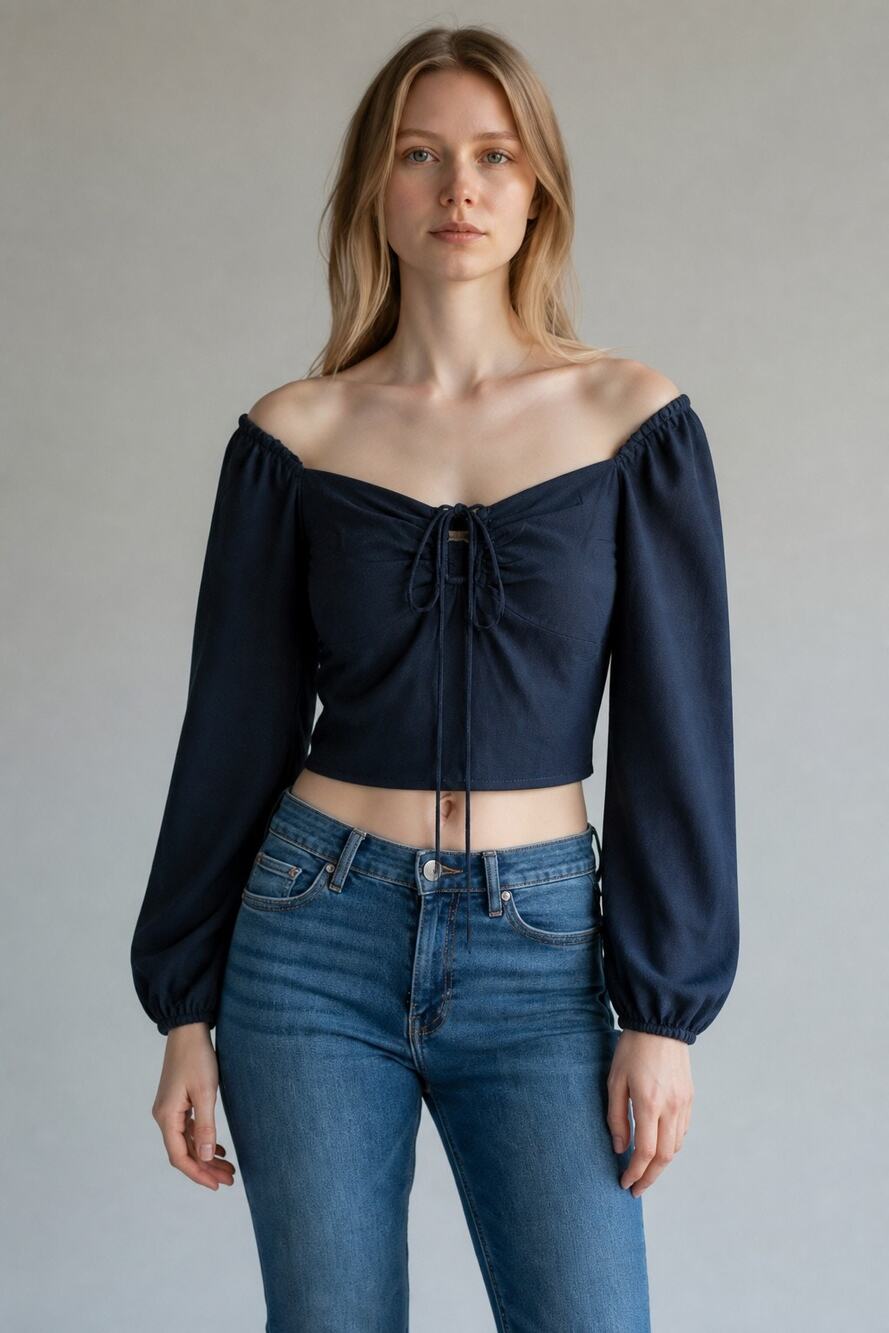 Abercrombie & Fitch Black Tie Front Smocked Puff Sleeve Crop Top Blouse Size XS